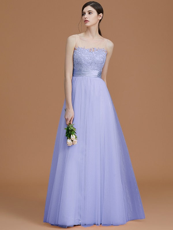 A-Line Charming Bateau Sleeveless Applique Tulle Bridesmaid Dresses