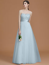 A-Line Charming Bateau Sleeveless Applique Tulle Bridesmaid Dresses