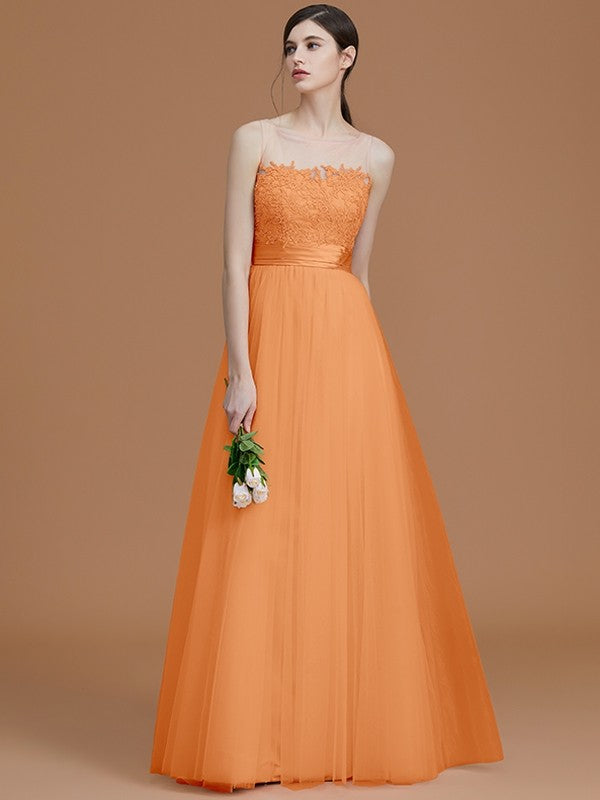 A-Line Charming Bateau Sleeveless Applique Tulle Bridesmaid Dresses