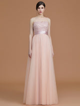 A-Line Charming Bateau Sleeveless Applique Tulle Bridesmaid Dresses