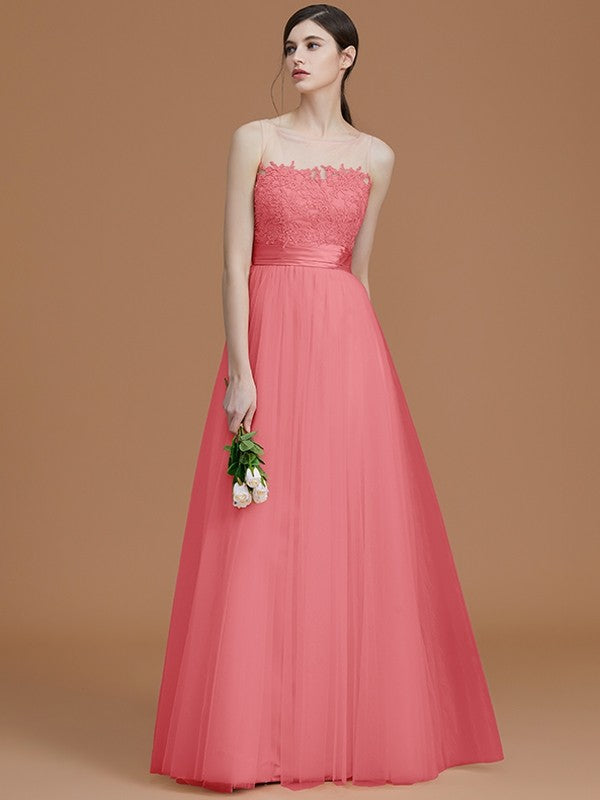 A-Line Charming Bateau Sleeveless Applique Tulle Bridesmaid Dresses