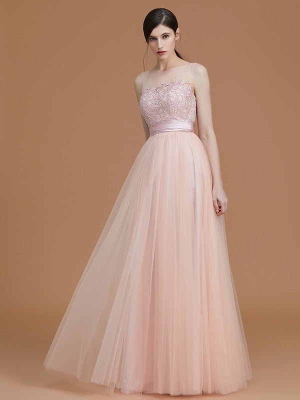 A-Line Charming Bateau Sleeveless Applique Tulle Bridesmaid Dresses