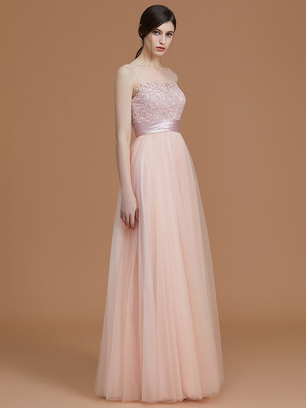 A-Line Charming Bateau Sleeveless Applique Tulle Bridesmaid Dresses