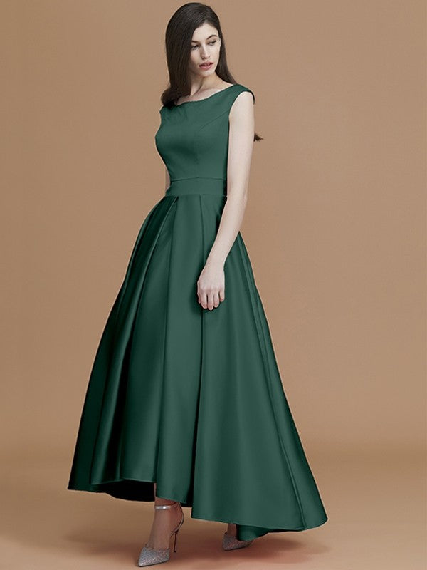 A-Line Charming Bateau Sleeveless Asymmetrical Ruffles Satin Bridesmaid Dresses