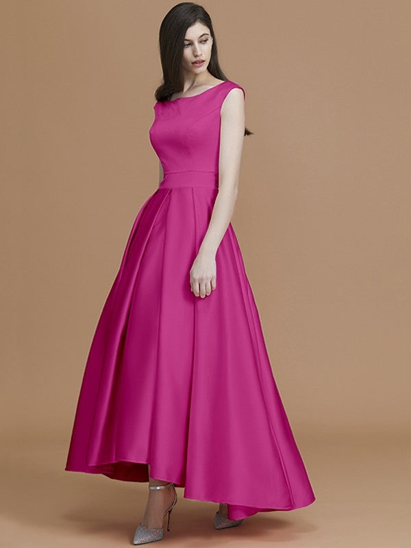 A-Line Charming Bateau Sleeveless Asymmetrical Ruffles Satin Bridesmaid Dresses