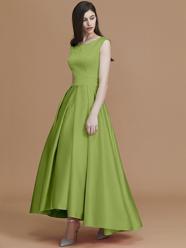 A-Line Charming Bateau Sleeveless Asymmetrical Ruffles Satin Bridesmaid Dresses