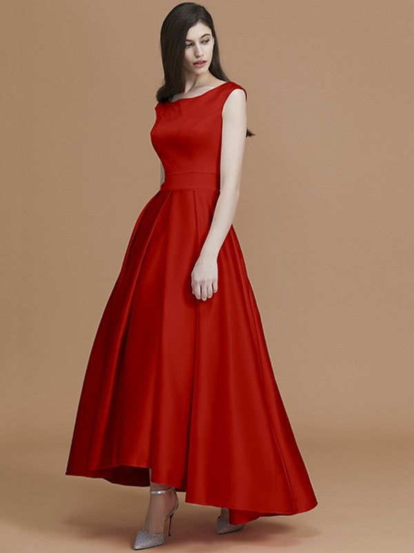 A-Line Charming Bateau Sleeveless Asymmetrical Ruffles Satin Bridesmaid Dresses