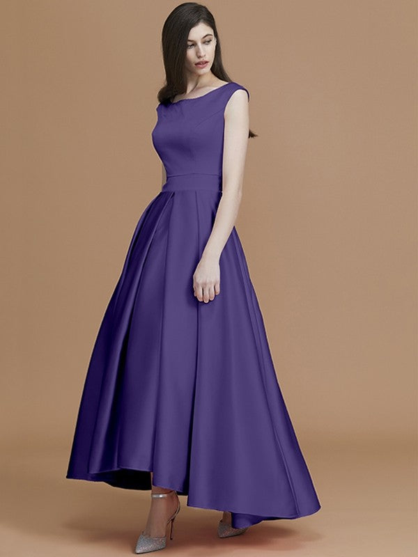 A-Line Charming Bateau Sleeveless Asymmetrical Ruffles Satin Bridesmaid Dresses