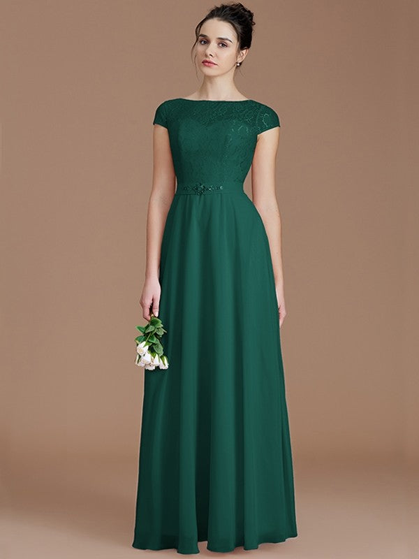 A-Line Charming Bateau Sleeveless Lace Chiffon Bridesmaid Dresses