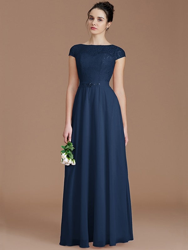 A-Line Charming Bateau Sleeveless Lace Chiffon Bridesmaid Dresses