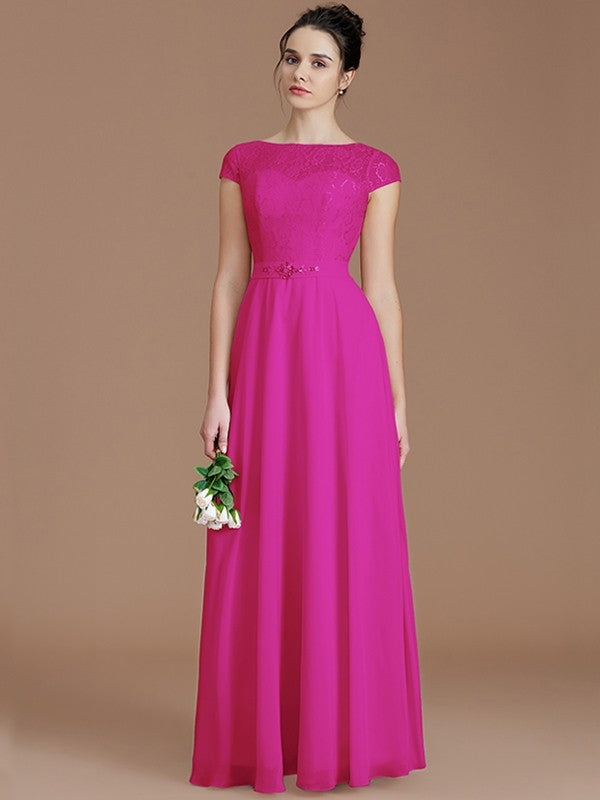 A-Line Charming Bateau Sleeveless Lace Chiffon Bridesmaid Dresses