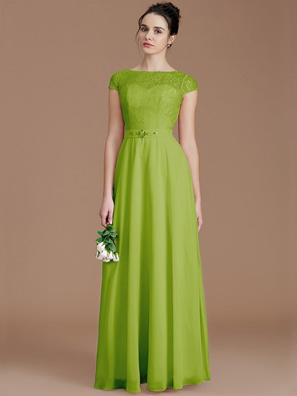 A-Line Charming Bateau Sleeveless Lace Chiffon Bridesmaid Dresses