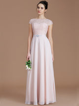 A-Line Charming Bateau Sleeveless Lace Chiffon Bridesmaid Dresses