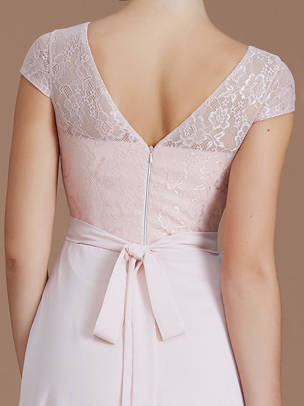 A-Line Charming Bateau Sleeveless Lace Chiffon Bridesmaid Dresses