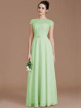 A-Line Charming Bateau Sleeveless Lace Chiffon Bridesmaid Dresses