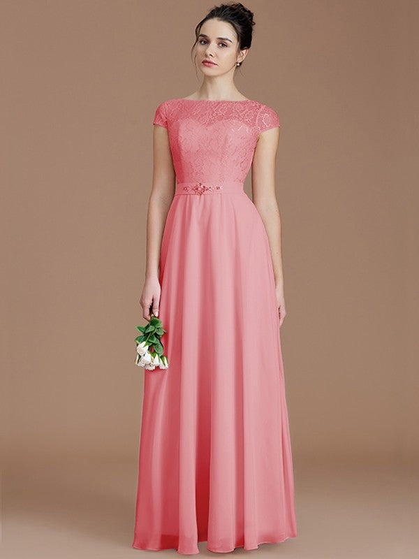 A-Line Charming Bateau Sleeveless Lace Chiffon Bridesmaid Dresses