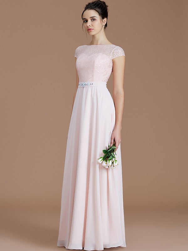 A-Line Charming Bateau Sleeveless Lace Chiffon Bridesmaid Dresses