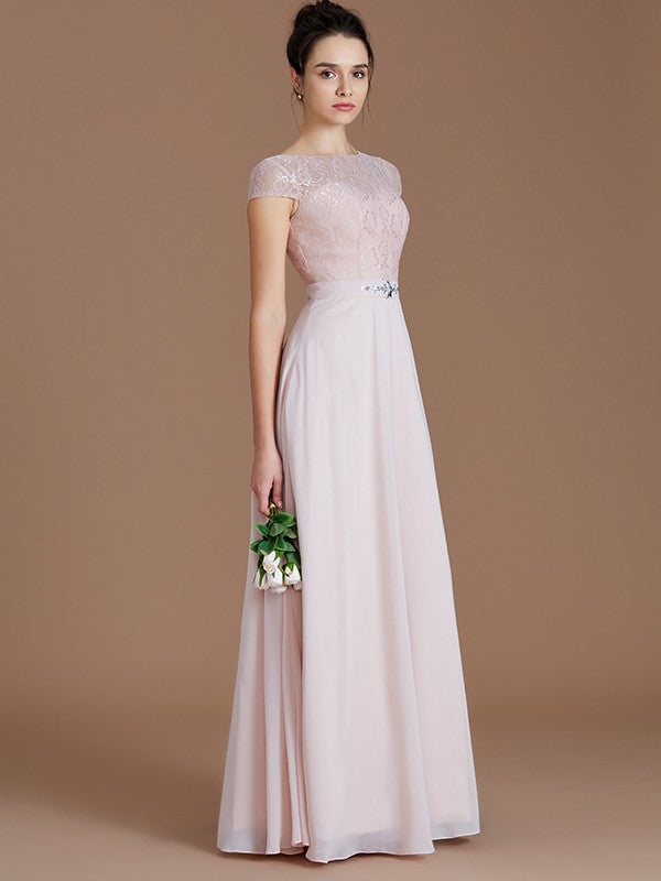 A-Line Charming Bateau Sleeveless Lace Chiffon Bridesmaid Dresses