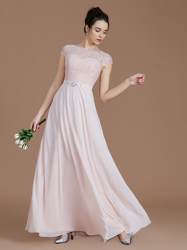 A-Line Charming Bateau Sleeveless Lace Chiffon Bridesmaid Dresses