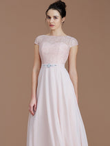 A-Line Charming Bateau Sleeveless Lace Chiffon Bridesmaid Dresses