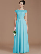 A-Line Charming Bateau Sleeveless Lace Chiffon Bridesmaid Dresses