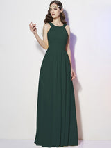 A-Line Charming Bateau Sleeveless Pleats Long Chiffon Bridesmaid Dresses