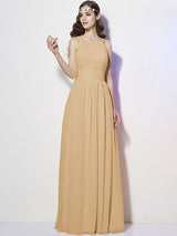 A-Line Charming Bateau Sleeveless Pleats Long Chiffon Bridesmaid Dresses