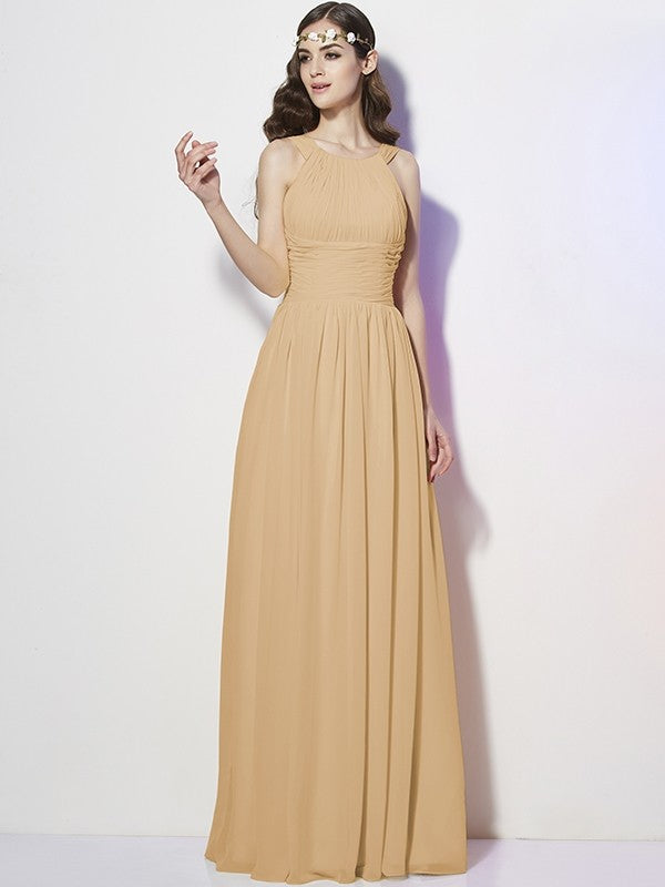 A-Line Charming Bateau Sleeveless Pleats Long Chiffon Bridesmaid Dresses