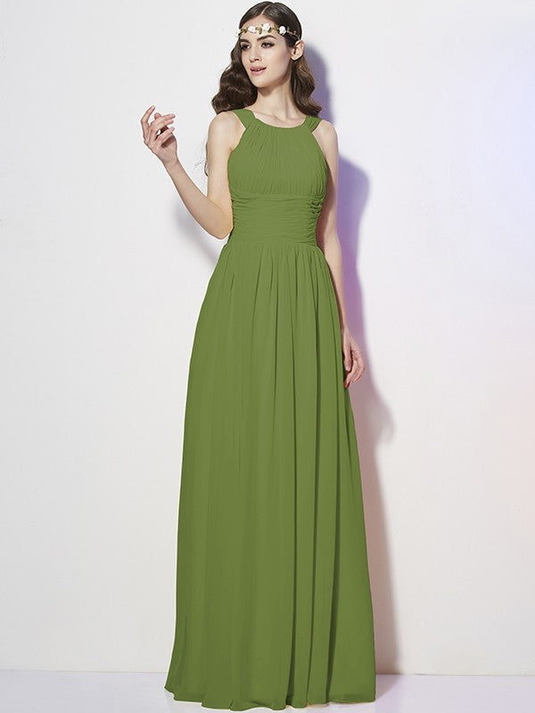 A-Line Charming Bateau Sleeveless Pleats Long Chiffon Bridesmaid Dresses