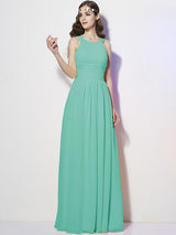 A-Line Charming Bateau Sleeveless Pleats Long Chiffon Bridesmaid Dresses