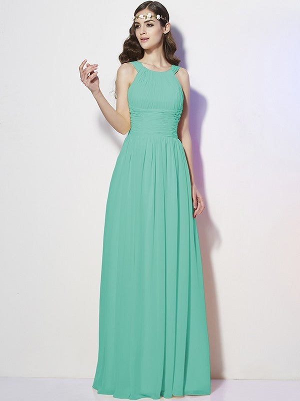 A-Line Charming Bateau Sleeveless Pleats Long Chiffon Bridesmaid Dresses