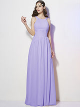 A-Line Charming Bateau Sleeveless Pleats Long Chiffon Bridesmaid Dresses