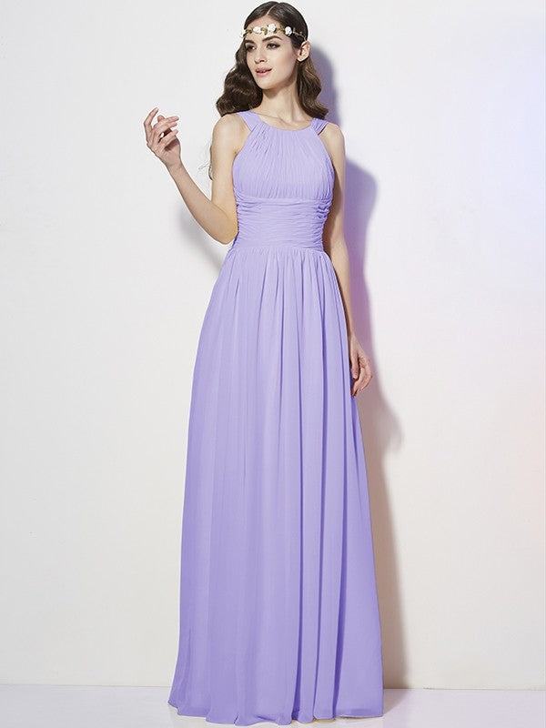 A-Line Charming Bateau Sleeveless Pleats Long Chiffon Bridesmaid Dresses