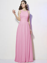 A-Line Charming Bateau Sleeveless Pleats Long Chiffon Bridesmaid Dresses