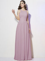 A-Line Charming Bateau Sleeveless Pleats Long Chiffon Bridesmaid Dresses