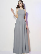 A-Line Charming Bateau Sleeveless Pleats Long Chiffon Bridesmaid Dresses