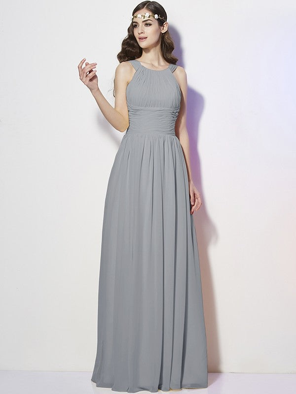 A-Line Charming Bateau Sleeveless Pleats Long Chiffon Bridesmaid Dresses