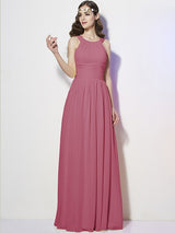 A-Line Charming Bateau Sleeveless Pleats Long Chiffon Bridesmaid Dresses