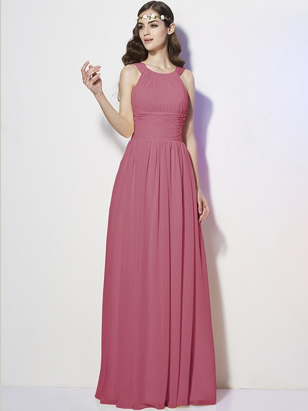 A-Line Charming Bateau Sleeveless Pleats Long Chiffon Bridesmaid Dresses