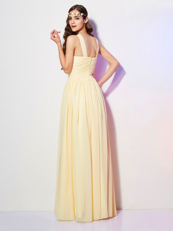 A-Line Charming Bateau Sleeveless Pleats Long Chiffon Bridesmaid Dresses