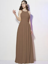 A-Line Charming Bateau Sleeveless Pleats Long Chiffon Bridesmaid Dresses