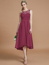 A-Line Charming Bateau Sleeveless Ruffles Asymmetrical Silk like Satin Bridesmaid Dresses