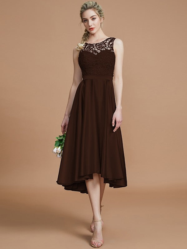 A-Line Charming Bateau Sleeveless Ruffles Asymmetrical Silk like Satin Bridesmaid Dresses