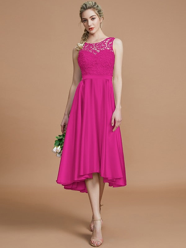 A-Line Charming Bateau Sleeveless Ruffles Asymmetrical Silk like Satin Bridesmaid Dresses