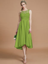 A-Line Charming Bateau Sleeveless Ruffles Asymmetrical Silk like Satin Bridesmaid Dresses