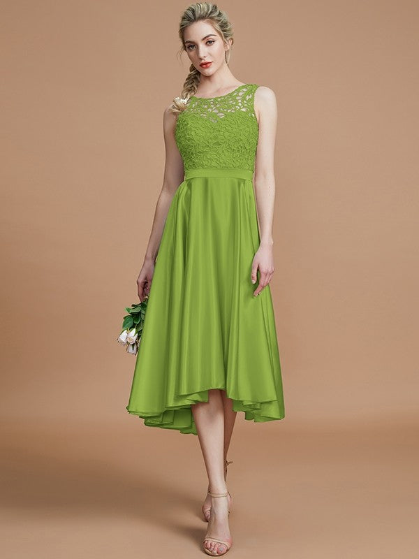 A-Line Charming Bateau Sleeveless Ruffles Asymmetrical Silk like Satin Bridesmaid Dresses