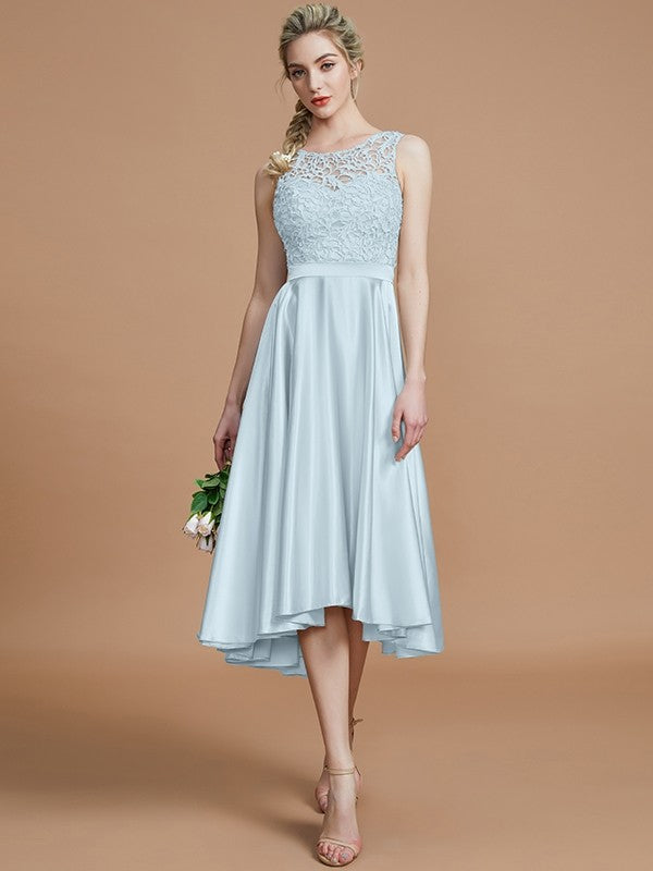 A-Line Charming Bateau Sleeveless Ruffles Asymmetrical Silk like Satin Bridesmaid Dresses