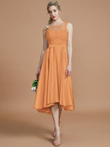 A-Line Charming Bateau Sleeveless Ruffles Asymmetrical Silk like Satin Bridesmaid Dresses