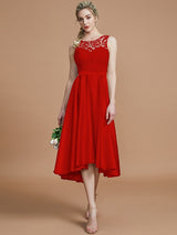 A-Line Charming Bateau Sleeveless Ruffles Asymmetrical Silk like Satin Bridesmaid Dresses