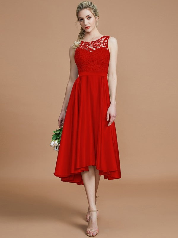 A-Line Charming Bateau Sleeveless Ruffles Asymmetrical Silk like Satin Bridesmaid Dresses